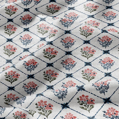100% LINEN Fabric Floral trellis flower print - botanical indigo blue upholstery curtains dress making 3093