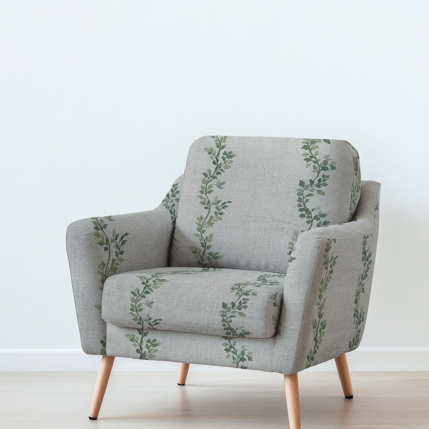 100% LINEN Fabric UPHOLSTERY 12oz - green toile de jouy print on natural linen - Modern vintage Victorian tree leaves stripe upholstery 2709