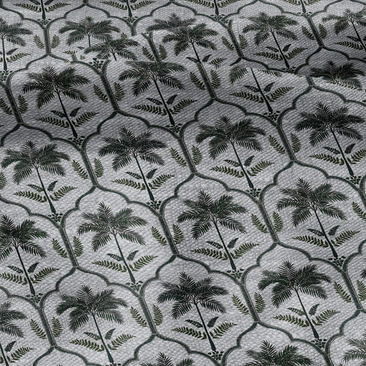 100% LINEN Fabric  Deco Palm green print - oatmeal linen fabric with botanical print - heavy for home decor clothing 3347