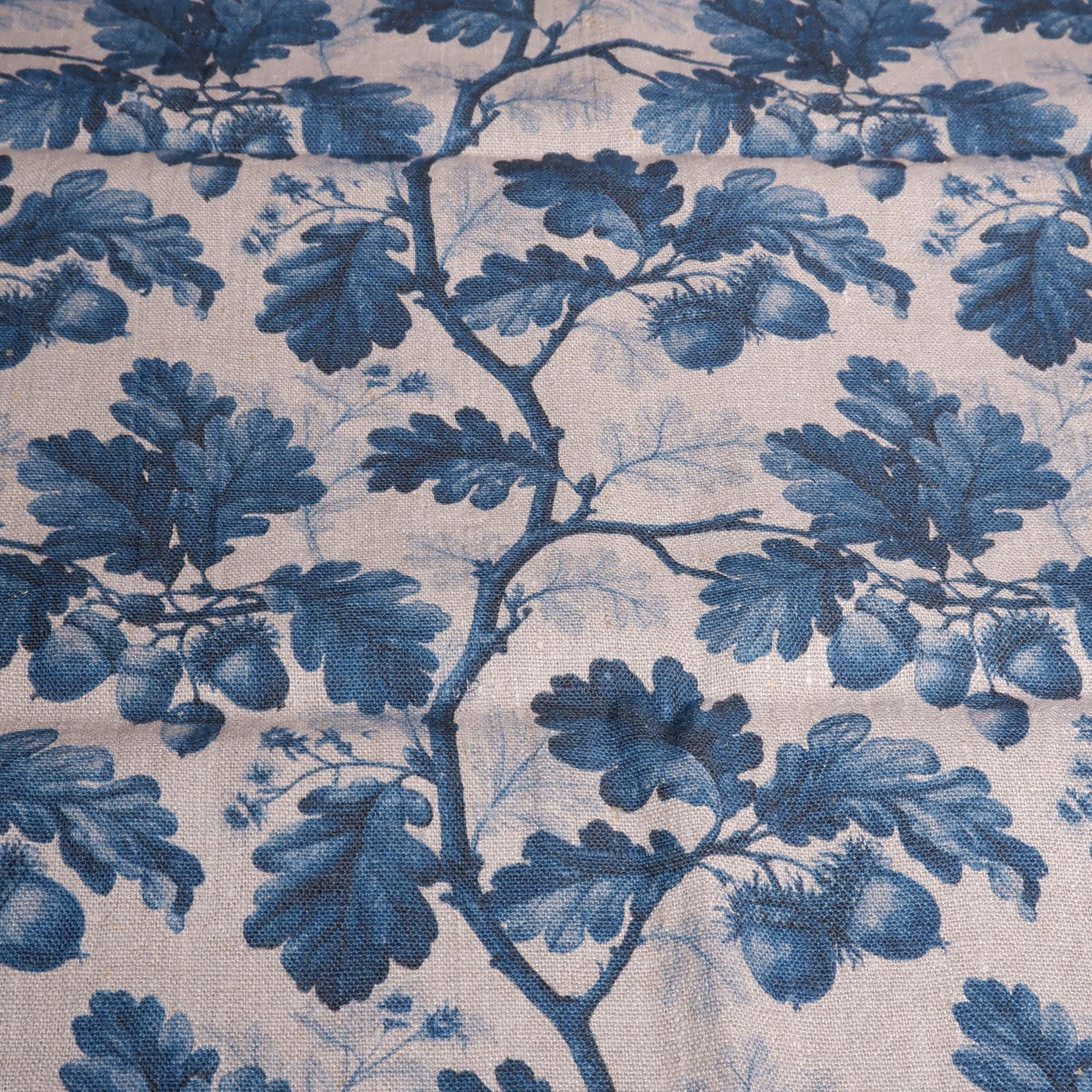 100% LINEN Fabric print Oak leaves with acorn blue grey -  floral botanical print - heavy for upholstery home decor clothing 3712
