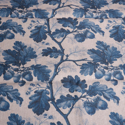 100% LINEN Fabric print Oak leaves with acorn blue grey -  floral botanical print - heavy for upholstery home decor clothing 3712