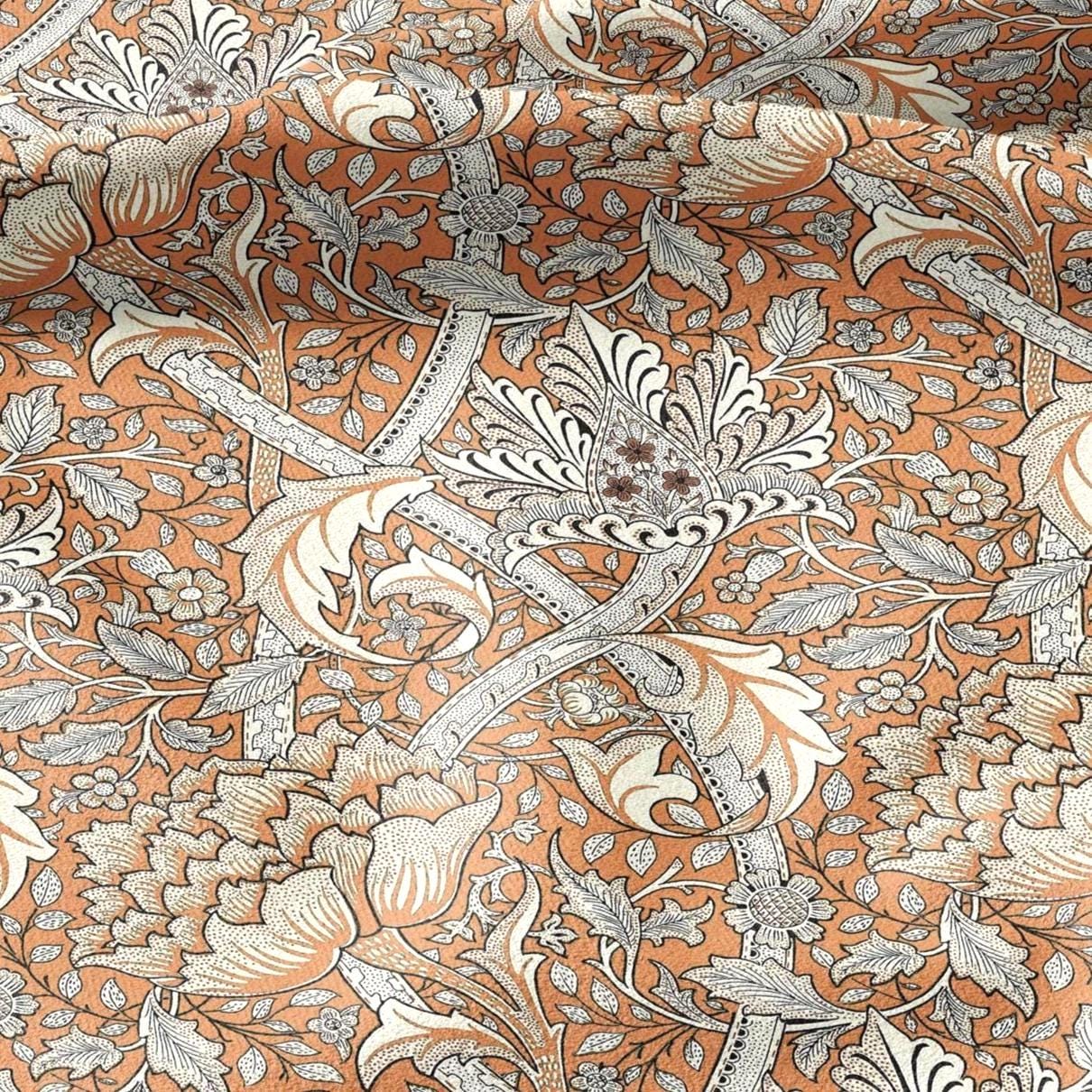100% LINEN Fabric William Morris windrush orange print - British linen floral upholstery home textile Victorian fabrics 2739