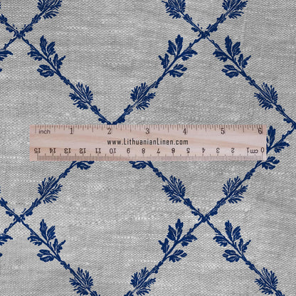 100% LINEN Fabric Herritage Lattice blue print - on oatmeal or white linen for upholstery curtains dress making 2953
