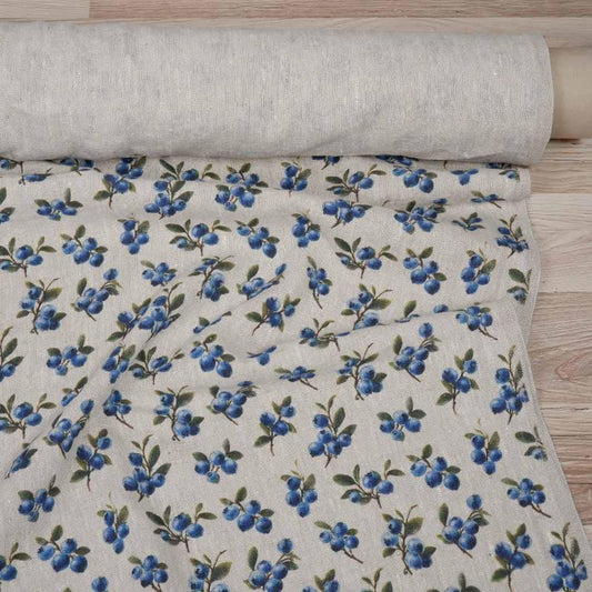 100% LINEN Fabric Blueberry - Modern vintage Berry print on oatmeal linen for home decor sewing dress clothing 2941