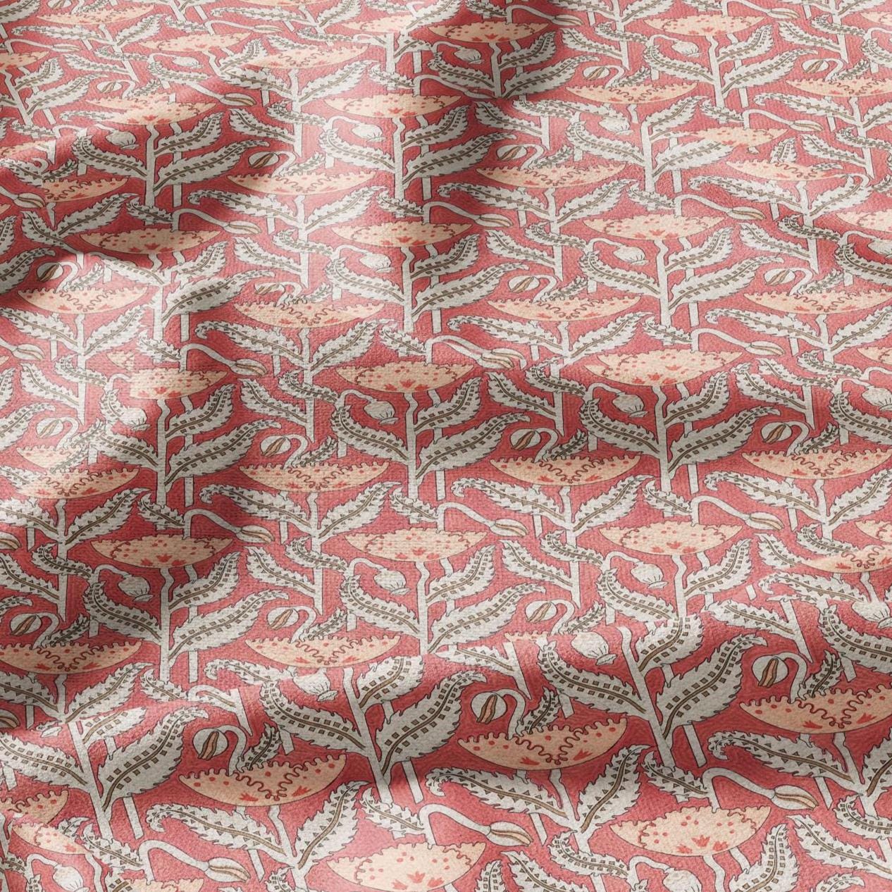 100% linen Art Nouveau Print fabric for Curtain Upholstery Cushion - Floral fabric red POPPY - fabric material for dress making sewing