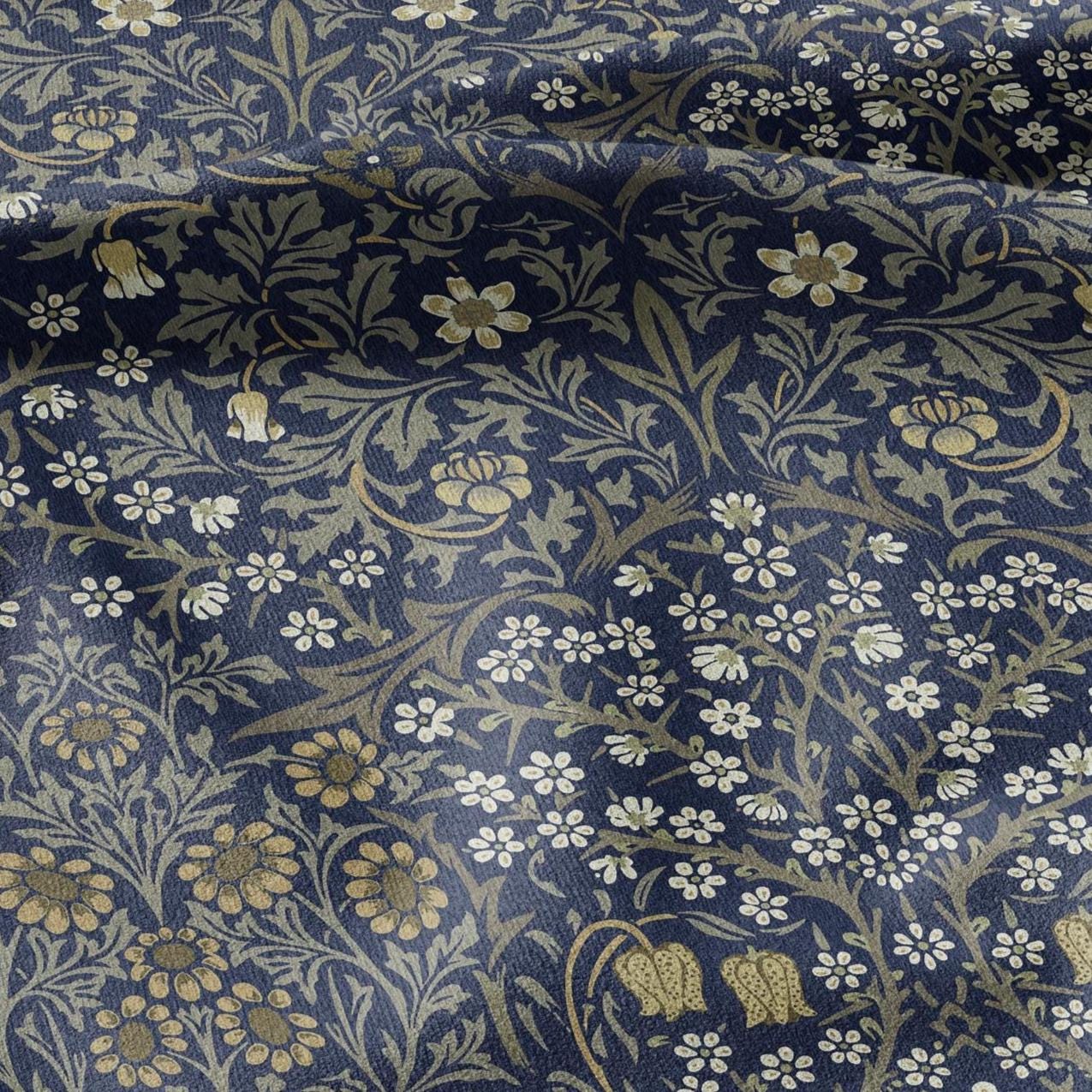 William Morris Blackthorn 100% LINEN Fabric - British linen floral upholstery home textile Victorian fabrics navy blue 3168
