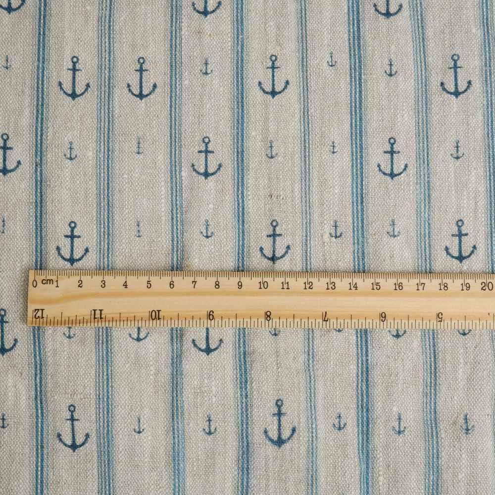 100% LINEN Fabric Anchor stripe print on oatmeal linen - Marine blue gray heavy for upholstery - medium weight linen dress making 2764