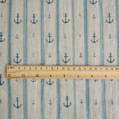 100% LINEN Fabric Anchor stripe print on oatmeal linen - Marine blue gray heavy for upholstery - medium weight linen dress making 2764