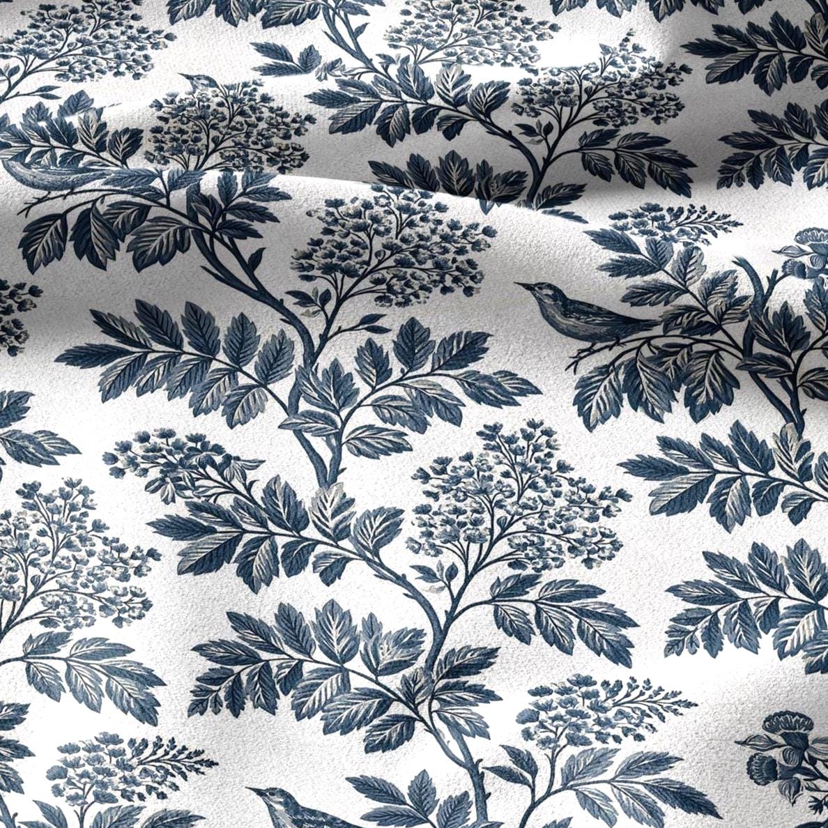 100% linen fabric blue white tree print - Vintage floral botanical modern Victorian 3389