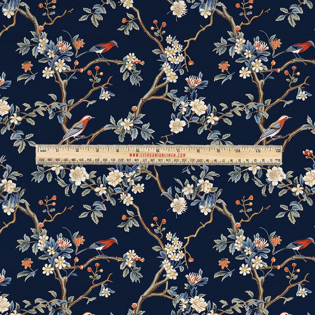 100% LINEN Fabric UPHOLSTERY 12oz - Navy blue toile de jouy brids on tree print on linen - Modern vintage pattern 2054