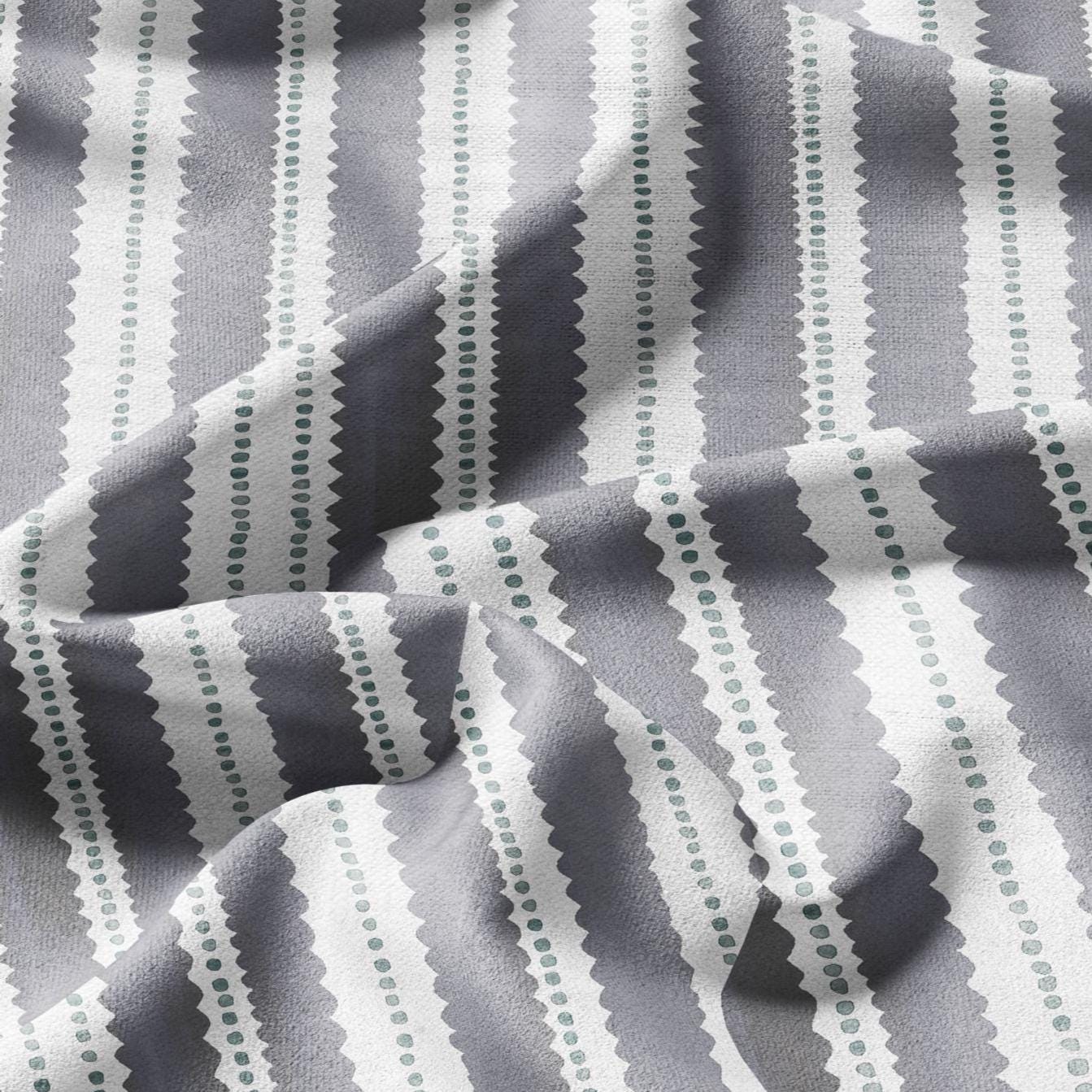 100% LINEN Fabric Scalloped stripe print - retro gray dot stripe - for upholstery home decor - medium for dress making 2884GR