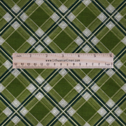 100% LINEN Fabric Geometric diagonal gingham print - mid-century modern green print on linen for upholstery curtains dress making 2666