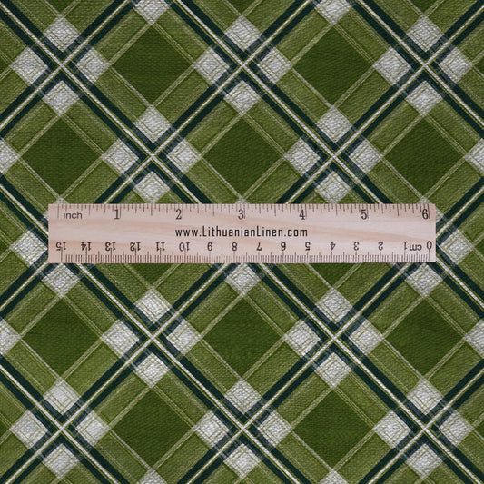 100% LINEN Fabric Geometric diagonal gingham print - mid-century modern green print on linen for upholstery curtains dress making 2666