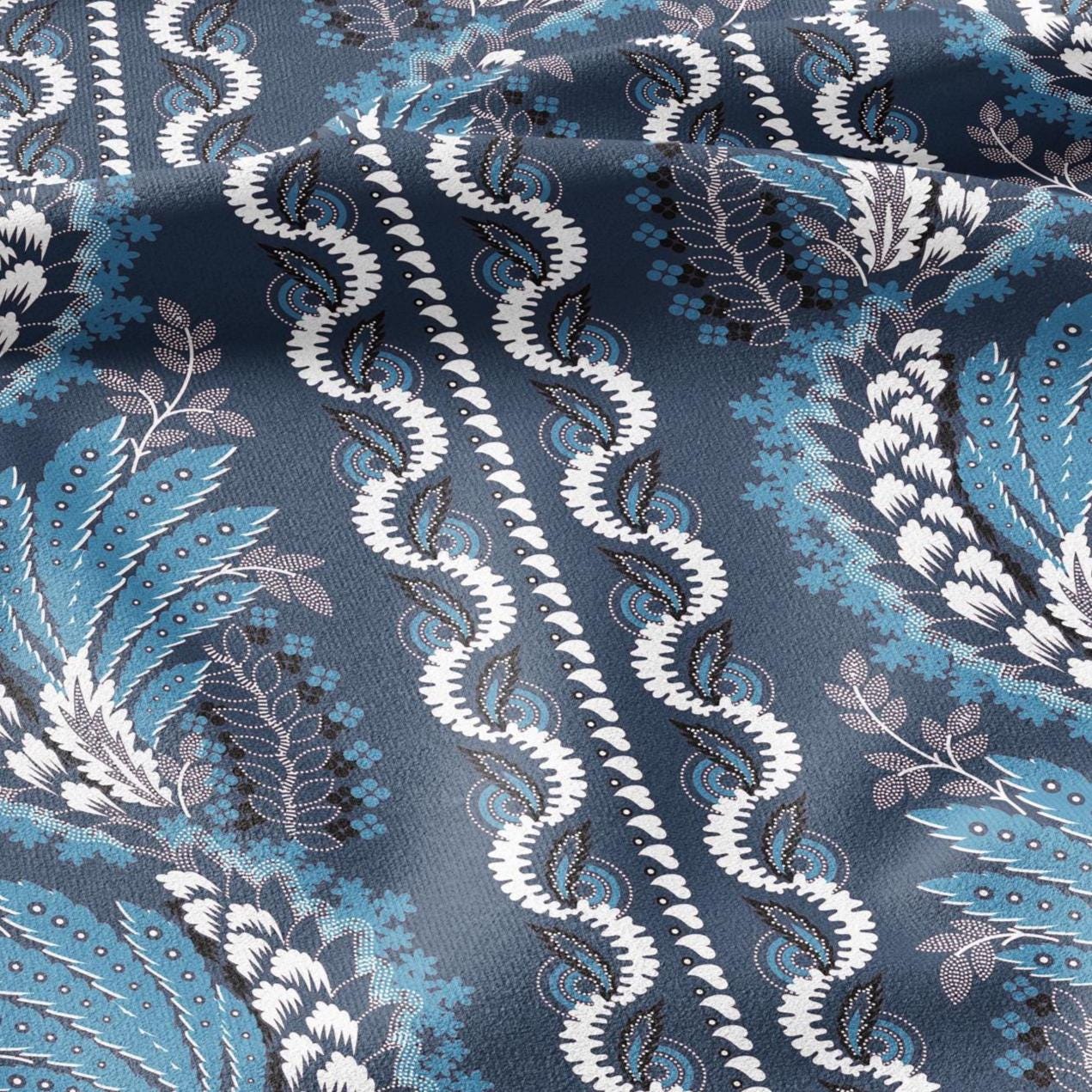 100% LINEN Fabric Vintage floral squirl stripe print - Modern botanical - Victorian Art Craft blue 2960