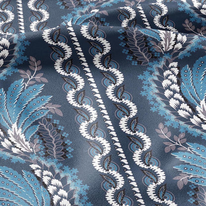 100% LINEN Fabric Vintage floral squirl stripe print - Modern botanical - Victorian Art Craft blue 2960