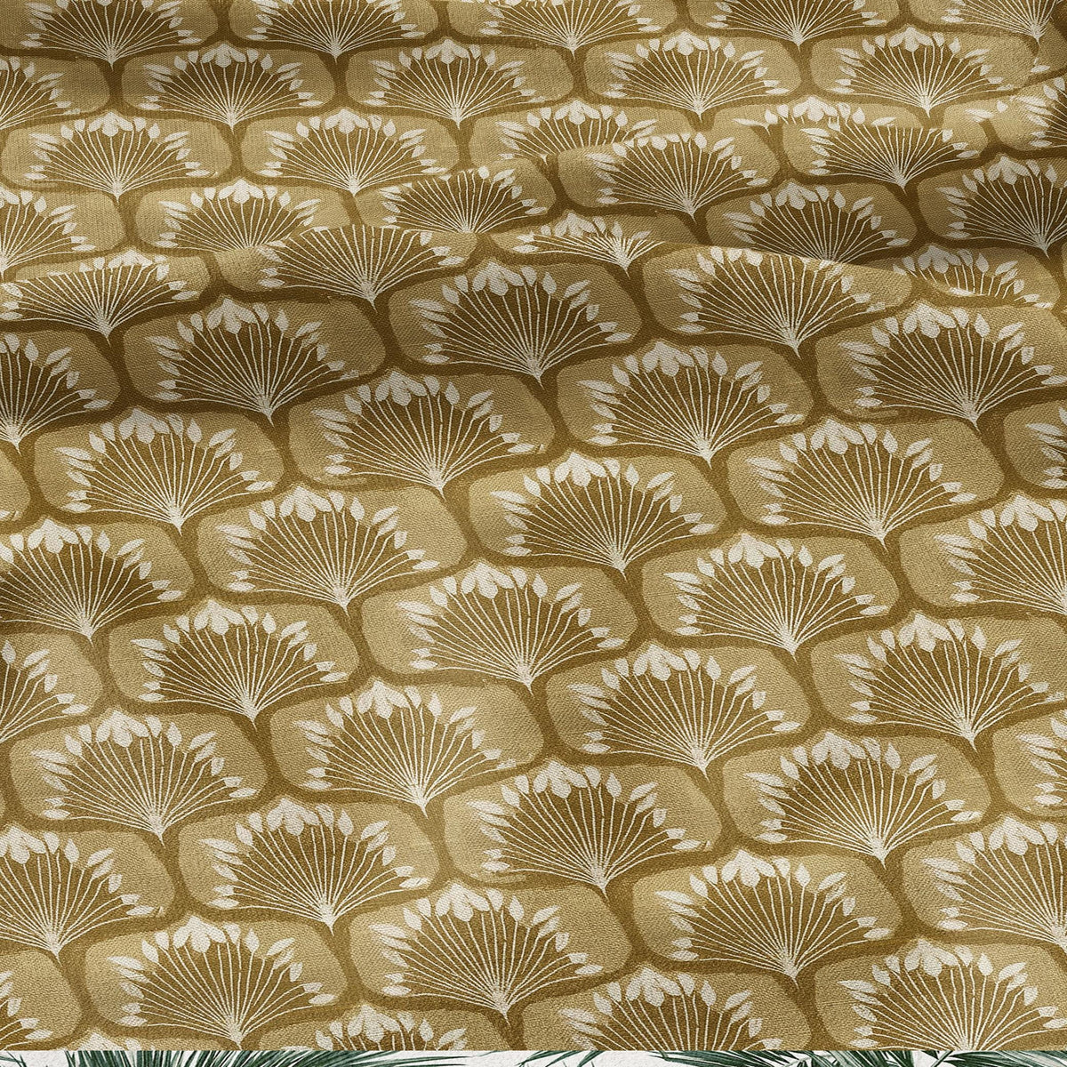100% linen fabric retro mustard print - Mid-century botanical / 1970s Scandinavian-inspired floral 33799