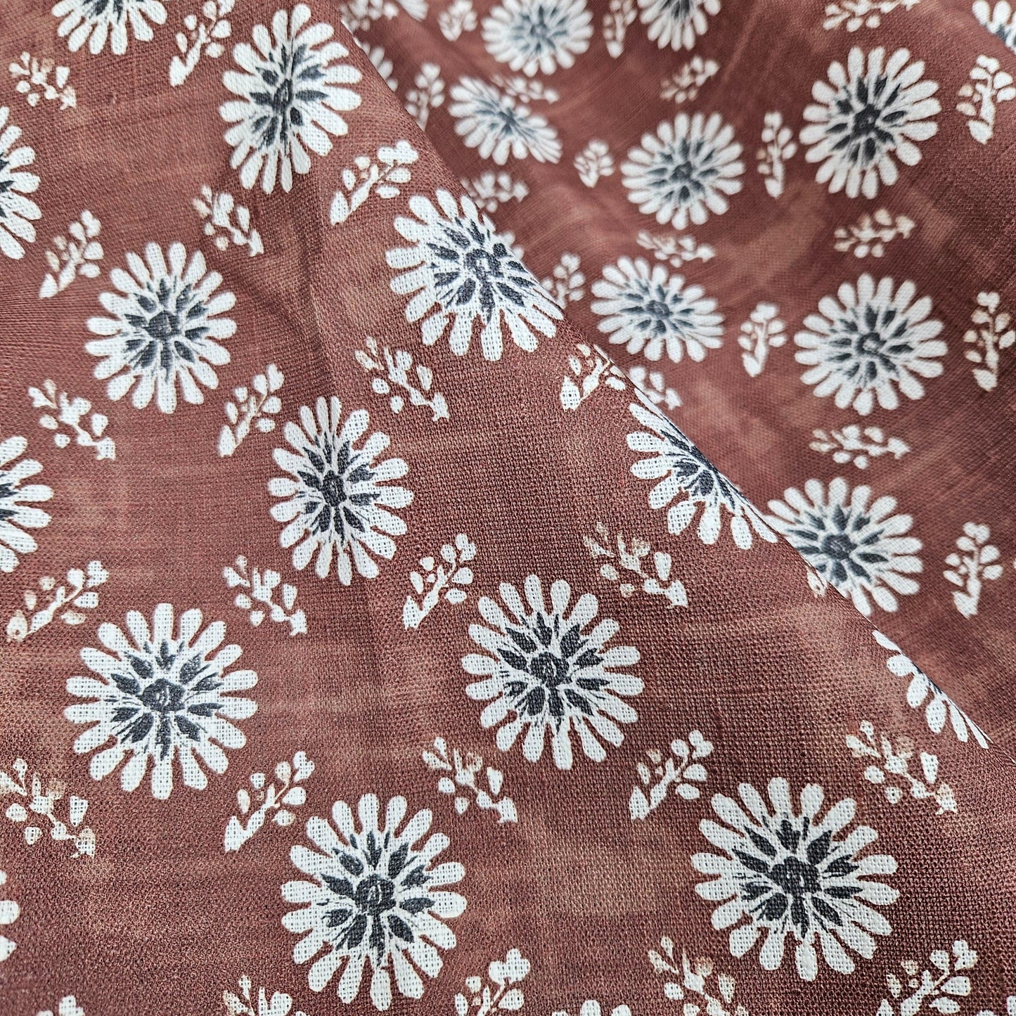 100% LINEN Fabric floral print - muddy brown white stripe block print linen heavy for upholstery home decor - medium for dress making 2808