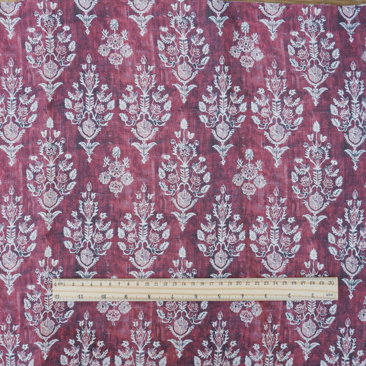 100% LINEN Fabric block print indian red  3662 -  oatmeal linen fabric with green floral print decor