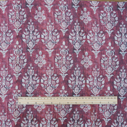 100% LINEN Fabric block print indian red  3662 -  oatmeal linen fabric with green floral print decor