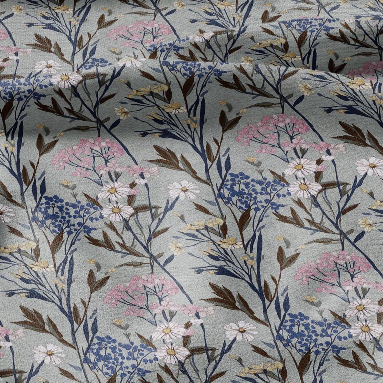 100% LINEN Fabric flowers print - Meadow botanical  upholstery home textile artisan pink gray bluee 2748