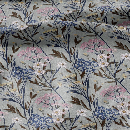 100% LINEN Fabric flowers print - Meadow botanical  upholstery home textile artisan pink gray bluee 2748
