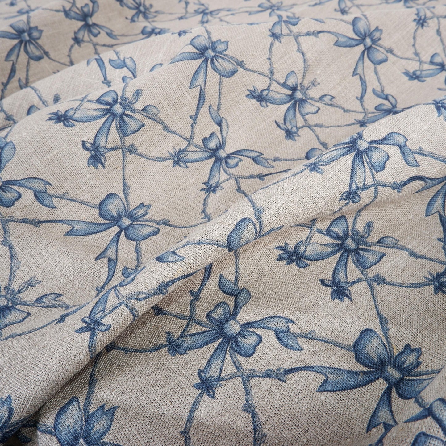 100% LINEN Fabric Blue Ribbon bow - linen fabric blue print Nursery - linen floral fabric upholstery curtains dress making