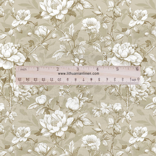 100% LINEN Fabric Floral beige print - Hand Drawn Floral PINK Flower Vintage linen fabric for upholstery home decor curtains pillowcases