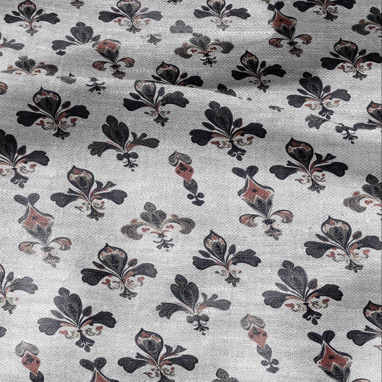 100% LINEN Fabric Fleur de lis print - floral black red gray - for upholstery home decor - medium for dress making 2279