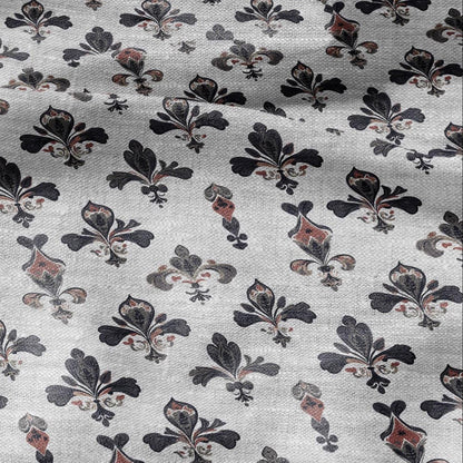 100% LINEN Fabric Fleur de lis print - floral black red gray - for upholstery home decor - medium for dress making 2279