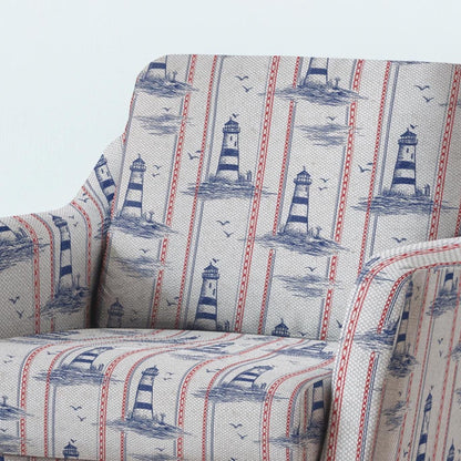 100% LINEN Fabric UPHOLSTERY 12oz - lighthouse blue red print on linen - Modern vintage Victorian coastal marine upholstery 2777