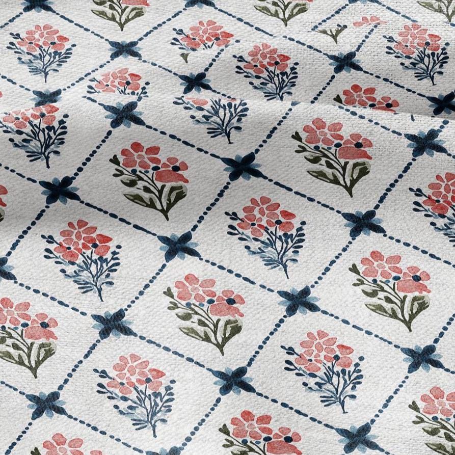 100% LINEN Fabric Floral trellis flower print - botanical indigo blue upholstery curtains dress making 3093