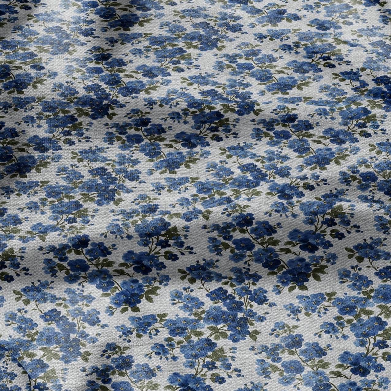 100% LINEN Fabric blue flower - forget me not floral block print on oatmeal linen  2913