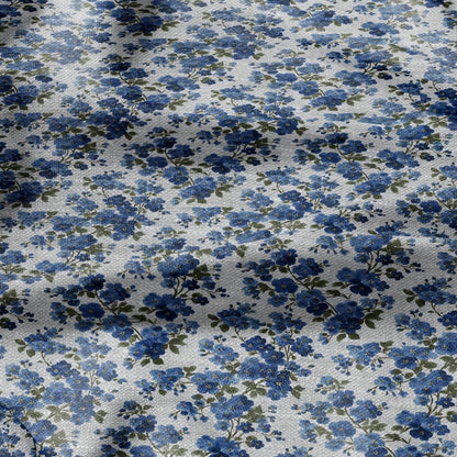 100% LINEN Fabric blue flower - forget me not floral block print on oatmeal linen  2913