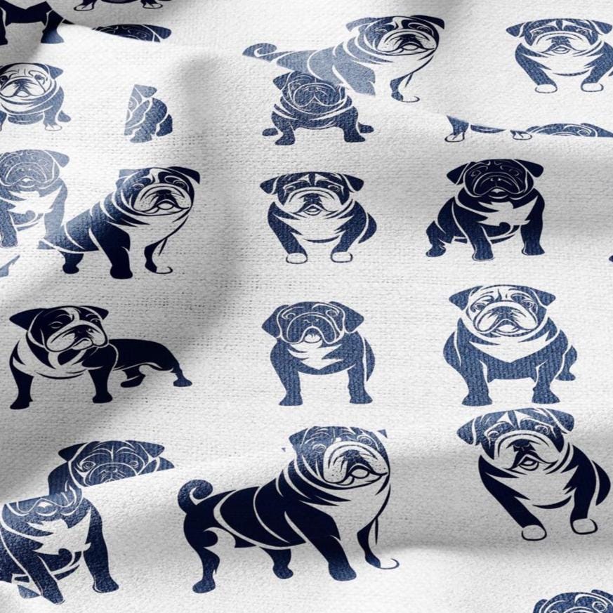 100% LINEN Fabric Block print Bulldog - animal dog upholstery home textile artisan fabrics navy blue white 2366
