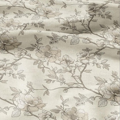 100% LINEN Fabric - beige Wild roses blossom print on white linen - floral botanical French Provence - upholstery sewing dress 2200