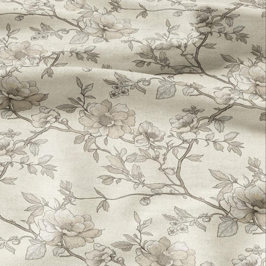 100% LINEN Fabric - beige Wild roses blossom print on white linen - floral botanical French Provence - upholstery sewing dress 2200