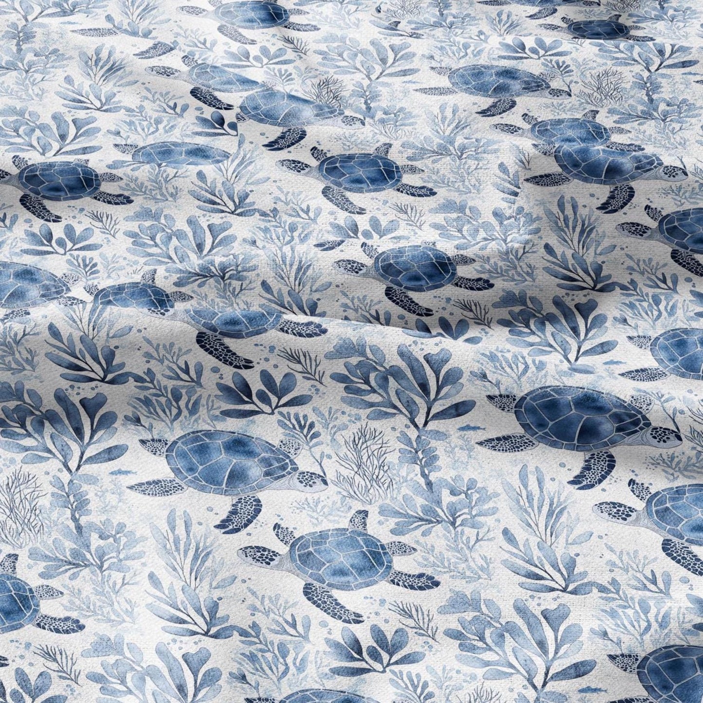 100% LINEN Fabric Toile de Jouy TURTLE in the see - white fabric with blue print heavy linen for upholstery or medium for dress making