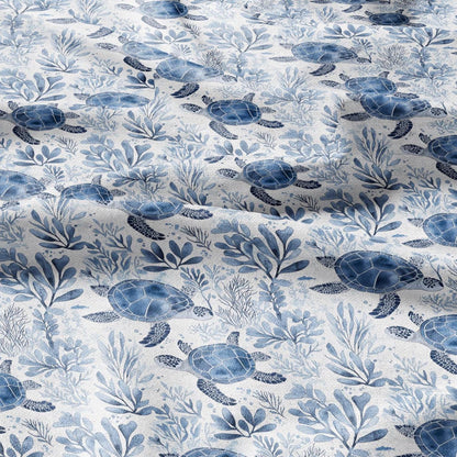 100% LINEN Fabric Toile de Jouy TURTLE in the see - white fabric with blue print heavy linen for upholstery or medium for dress making