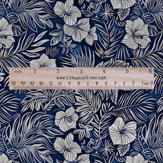 100% LINEN Fabric Tropical flower print - Indigo blue floral Modern vintage fabric - upholstery home decor sewing clothing 2360
