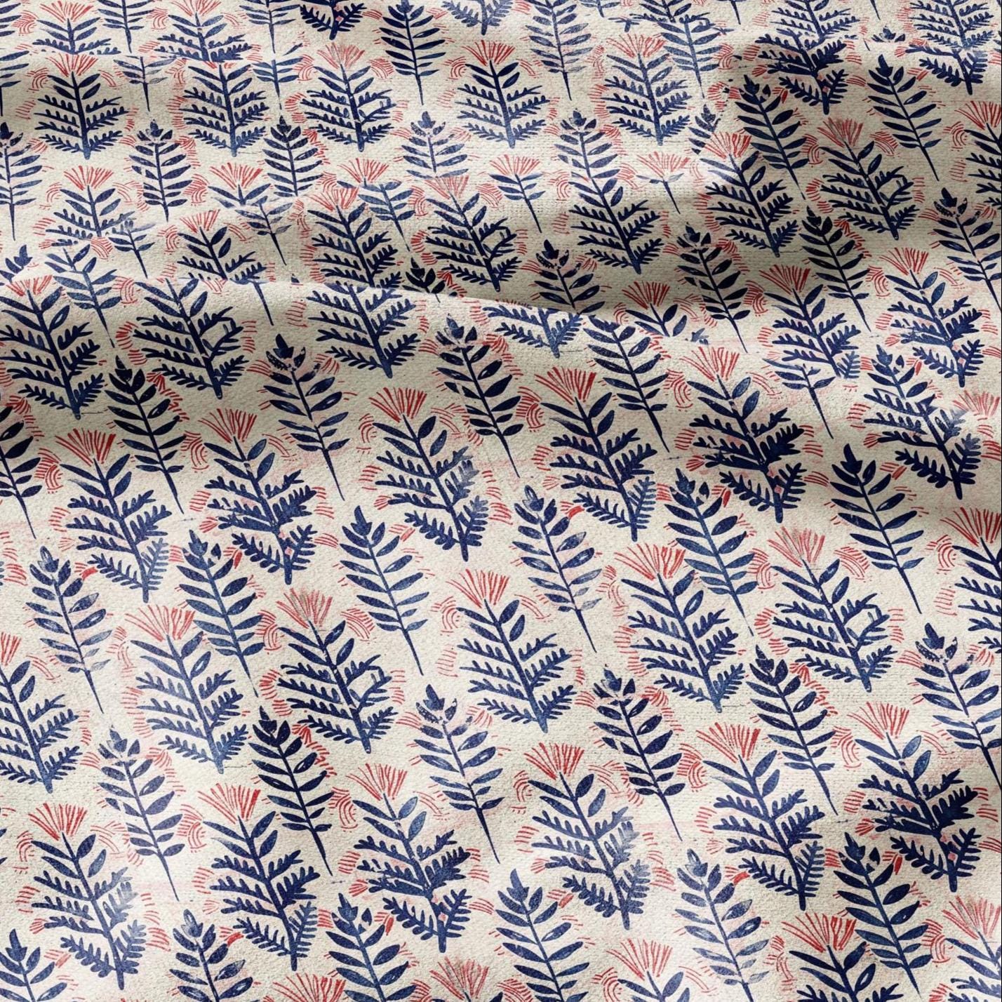 100% LINEN Fabric oriental print - Boho pink blue floral block print - upholstery home decor clothing  sewing 2391