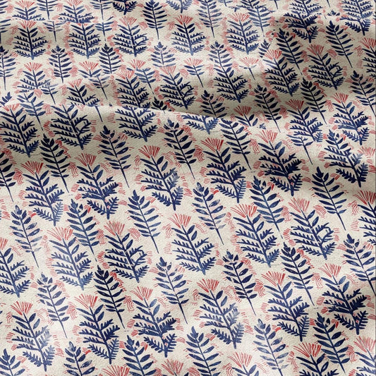 100% LINEN Fabric oriental print - Boho pink blue floral block print - upholstery home decor clothing  sewing 2391