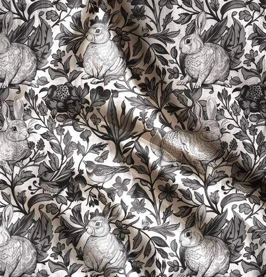 100% LINEN Fabric Block Print Bunnies  - Rabbits Linocut Woodblock Hares Woodland Neutral Fabric by the Yard by LithuanianLinen
