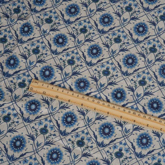 100% LINEN Fabric block print - linen with blue floral print on oatmeal - heavy linen fabric for light upholstery home decor sewing 2324