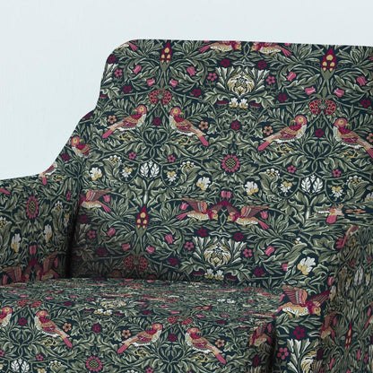 100% LINEN Fabric UPHOLSTERY 12oz - William Morris Birds colorful red green print on linen - Victorian art craft - floral upholstery 2115GP