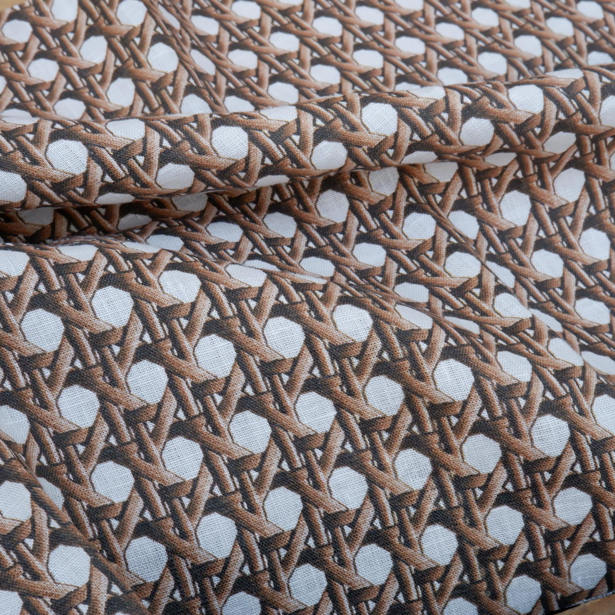 100% LINEN Fabric brown bamboo trellis - botanical textile artisan fabrics blue white 3686
