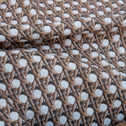 100% LINEN Fabric brown bamboo trellis - botanical textile artisan fabrics blue white 3686