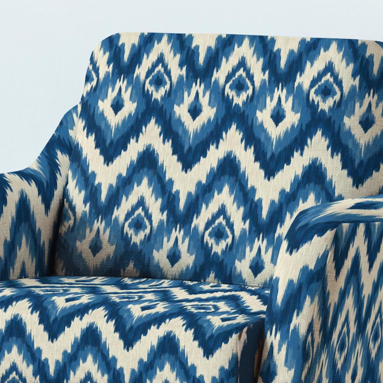 100% LINEN Fabric UPHOLSTERY 12oz - Ikat beige blue - Modern Vintage Grandmillennial geometric upholstery 2980
