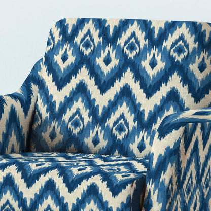 100% LINEN Fabric UPHOLSTERY 12oz - Ikat beige blue - Modern Vintage Grandmillennial geometric upholstery 2980