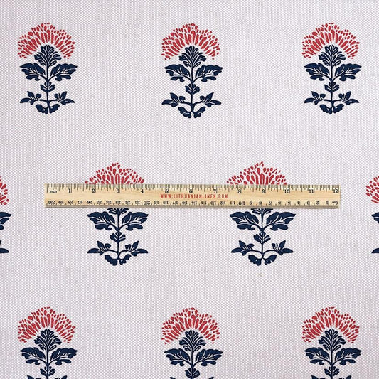100% LINEN Fabric UPHOLSTERY 12oz - indigo blue red block print on oatmeal linen - Modern vintage Victorian floral indian upholstery 2536