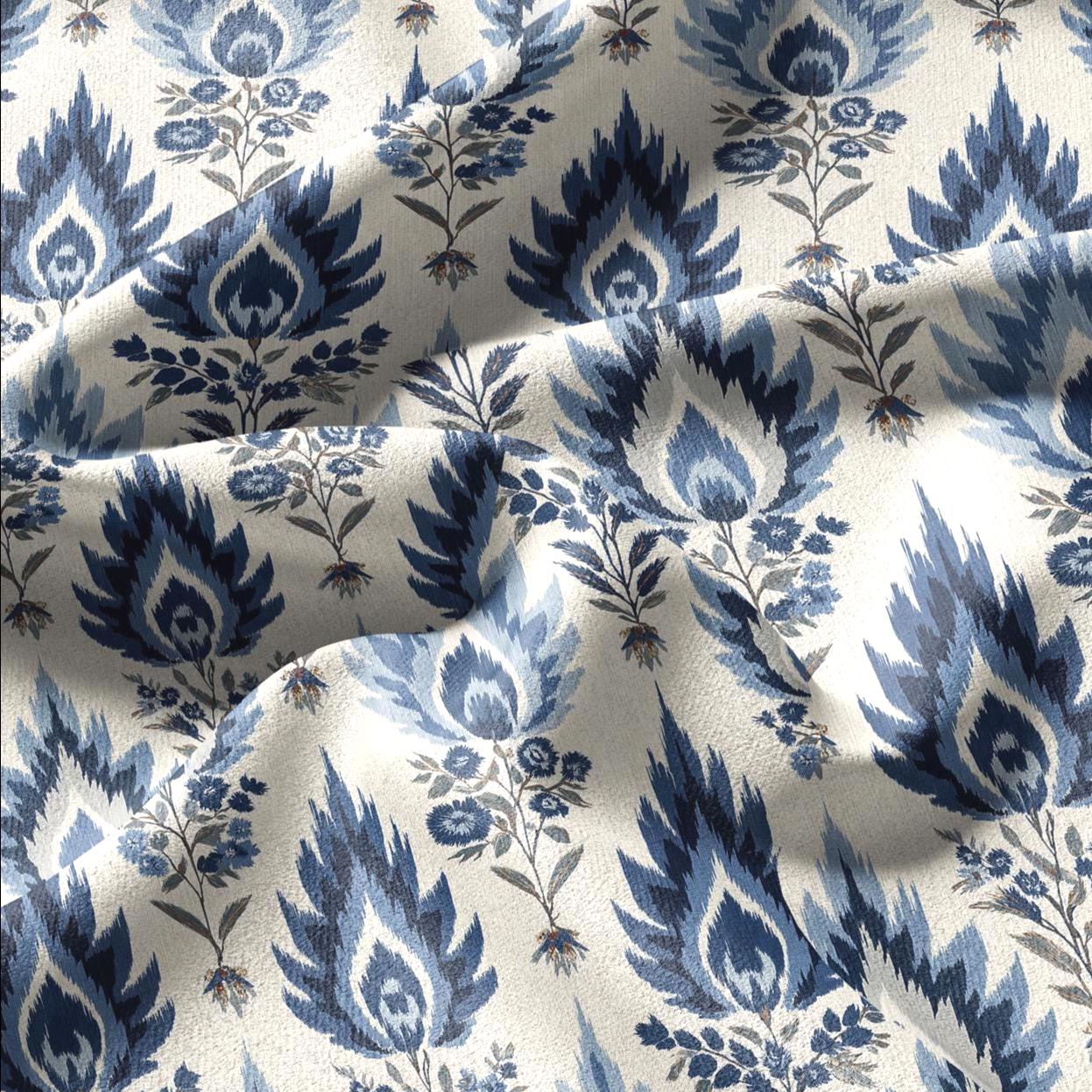 100% linen fabric Blue Ivory ikat floral print - Botanical artisanal Pattern - Ornate Home Decor 3456
